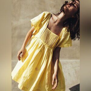 Innika Choo Smocked Babydoll Mini Dress in Yellow